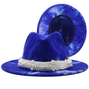 Tie Dye Fedora Hat Wool Felt Wide Brim Elegant Artificial Pearl Band Vintage Jazz Cap For Women Men Vacation Party