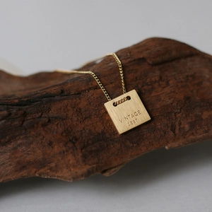 Vintage 1967 Engraved Square Pendant Necklace Titanium Steel 18K Gold Plated Brushed Matte French Retro Minimalist