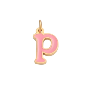 Macro detail of a gold-plated letter p pendant with pink enamel finish for DIY jewelry