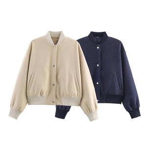 Women Bomber Jacket Polyester Wool Texture Baseball Collar Button Down Ribbed Trim Casual Loose Streetwear Outerwear
