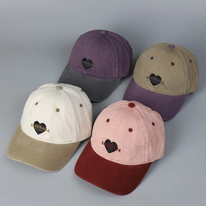 Washed Cotton Baseball Cap Heart Embroidery Contrast Color Block Retro Casual Sun Shade Adjustable Hat For Women Men