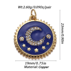 Macro detail of star and crescent moon blue enamel pendant with copper dimensions