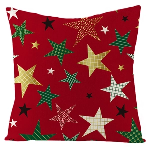 Red linen Christmas pillowcase featuring festive gold and green star patterns for home decor