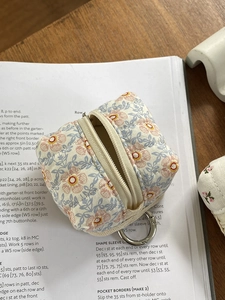 Detailed view of a quilted floral cable storage pouch with a zipper on an open book
