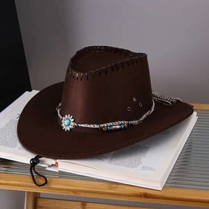 Vintage dark coffee western cowboy hat with ethnic beaded band and sunflower buckle