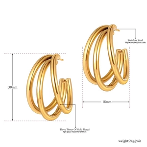Gold plated stainless steel triple layered C-shape hoop earrings 30mm for women