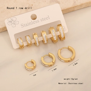 Detailed size guide for gold stainless steel round hoop earrings with single row crystals