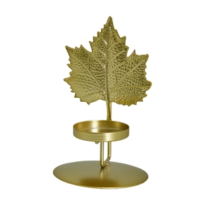 Nordic gold leaf iron candle holder with maple design on stable oval base