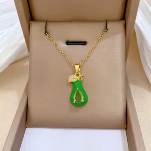 Pear Shape Pendant Necklace Green Zircon Gold Plated Stainless Steel Chain Elegant Luxury Jewelry For Women