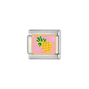 Italienisches Modul-Charm aus Edelstahl mit rosa Emaille und Ananas-Motiv