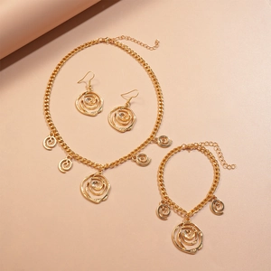 Golden jewelry set featuring hollow spiral flower pendant necklace with chunky retro chain