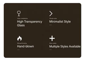 Detailed feature chart of clear hand-blown glass candlestick with minimalist design