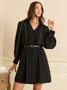 French Style Elegant V-Neck Long Sleeve Mini Dress For Women Black Polyester A-Line Belted With Gold Rivet Detail
