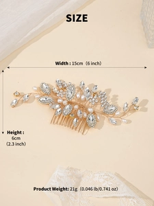 Detailed dimensions of bridal hair comb with pearls and rhinestones 15cm x 6cm