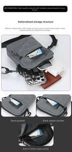 Detail view of the gray crossbody bag showing multiple pockets and storage compartments