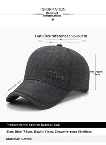 Detailed size chart for dark grey cotton baseball cap with RZG embossed logo