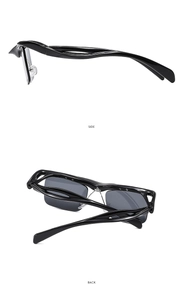 Seiten- und Rückansicht der modischen quadratischen schwarzen Sonnenbrille im Minimal-Stil