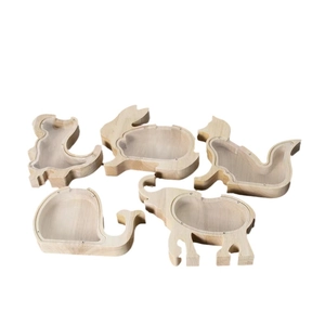 Set of five animal-shaped wooden piggy banks with clear acrylic panels for kids