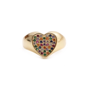 Chunky gold heart ring with vibrant multicolor zircon stones on a white background