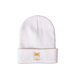 Close-up of Happy Camper sunset embroidery on white knit beanie with ribbed cuff detail
