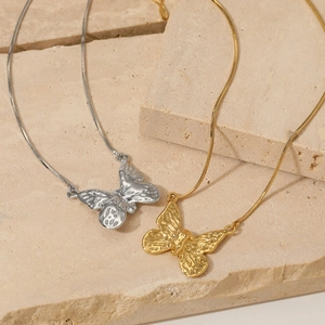 Textured Butterfly Pendant Necklace 316 Stainless Steel Minimalist Square Snake Chain Elegant Jewelry For Women