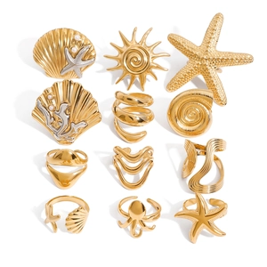 12pcs gold plated stainless steel rings featuring ocean shell and starfish designs