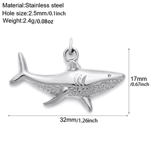 Macro view of shark pendant dimensions and stainless steel material specifications
