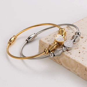 Elegant stainless steel heart wire bracelets with pave diamonds in gold and silver finish
