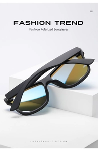 Detail view of polarized sunglasses with blue yellow gradient lenses on a white pedestal