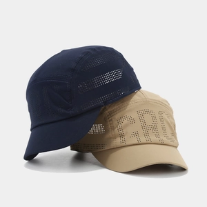 Quick-dry breathable 5-panel caps in navy and khaki with laser-cut GRC air vents