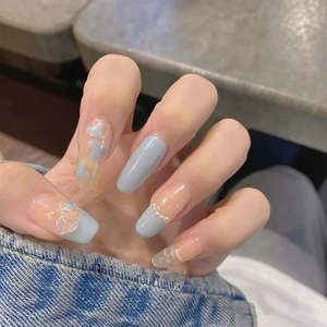 Press On Nails Blue Nude Long Coffin Heart Pattern 3D Bow Artificial Pearl Decor Sweet Style Removable False Nails
