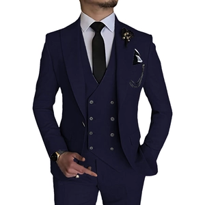 Slim fit navy blue three-piece men's business suit with blazer, vest and trousers