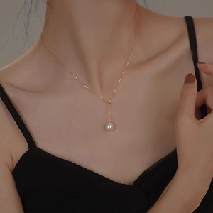 Elegant Copper Gold Plated Freshwater Pearl Necklace Rice Shape Y-Chain Minimalist Adjustable Necklace Jewelry For Women
