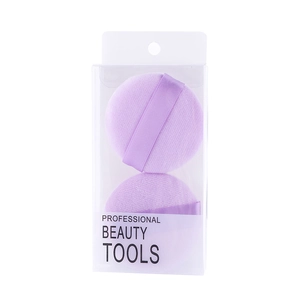 Set of two soft purple powder puffs with ribbon handles in clear display packaging