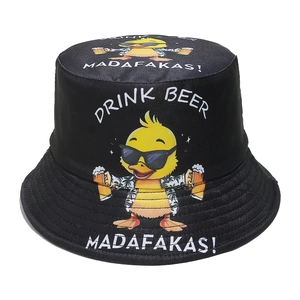 Black cotton bucket hat with cartoon yellow duck and Drink Beer lettering print