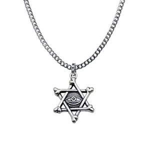 Silver Eye of Horus hexagram bone pendant on a Cuban link chain necklace