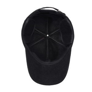 Men's winter wool baseball cap with ear flaps and adjustable strap, black finish