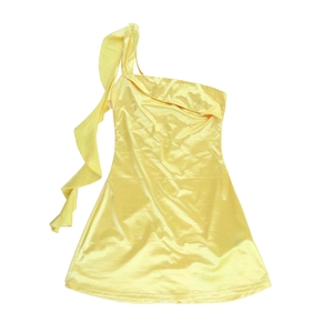 Detail of glossy satin fabric on asymmetrical one-shoulder gold dress with ruffles