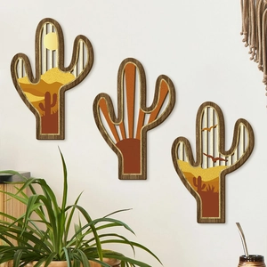 Set di 3 decorazioni murali in legno a forma di cactus con paesaggio del deserto