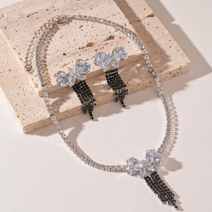 Luxury zircon butterfly necklace and earrings set with elegant black beaded tassels