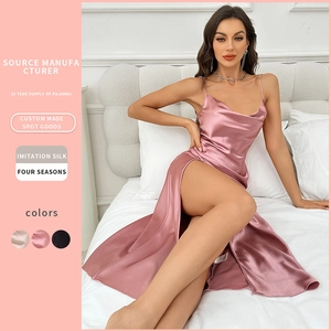 Satin Nightgown For Women Cowl Neck Spaghetti Strap High Slit Sleepwear Sleeveless Imitation Satin Nightdress Loungewear