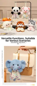 Detail of cute floral fabric animal plushies showing hand warmer and bag charm functionality