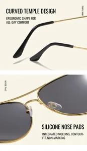 Detailed view of metal sunglasses temples with black tips and soft silicone nose pads