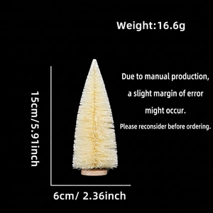Close-up of 15cm white sisal bottle brush Christmas tree with a round wooden base