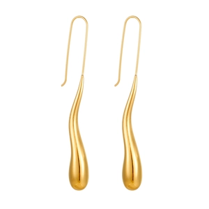 Polished gold teardrop earrings in a minimalist fluid design with long ear hooks