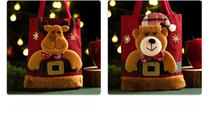 Detailed view of Christmas burlap gift bags featuring plush reindeer and bear ornaments