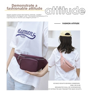Waterproof nylon waist bags in purple and pink showing crossbody and waist wearing styles