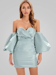 Detail of elegant satin off-the-shoulder mini dress with puff lantern sleeves in light blue