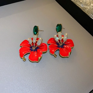Elegant orange flower earrings with silver needles, rhinestones and vintage gold accents
