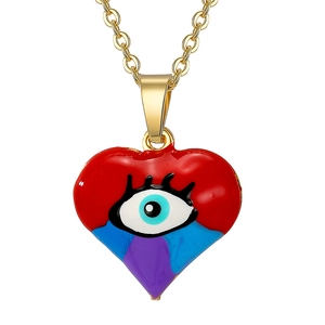 Detailed close-up of colorful heart Evil Eye pendant with gold chain on white background